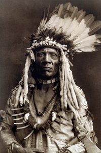 Veselhale (Apohsuyis). Portrett av indianerhøvdingen for Piegan-stammen bærer den berømte ørnefjær- og veselhodeplagget, en semsket tunika, to halskjeder, ett i bein og det andre i grizzly-klør, og en tomahawk-pipe av Edward Sheriff Curtis