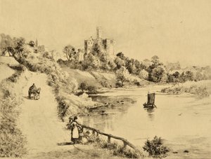 The Coquet: Warkworth Castle fra veien til Amble, ca. 1880 (radering)