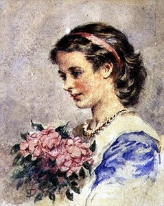 Ung jente med en haug med rosa blomster (akvarell over blyant på papir) av Edward Tayler