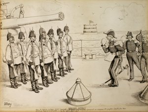 Uregistrert historie! Å fortelle marinesoldatene om bord på HMS Taradiddle besluttsomheten til Hennes Majestets regjering - som en innrømmelse til fordommene til kontinentalmaktene - om å evakuere Egypt på et tidlig tidspunkt: sannsynligvis den første apri av Edward Tennyson Reed