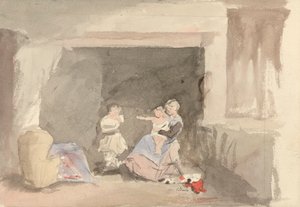 Interiør med mor og to barn