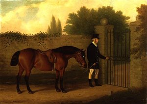 En gentleman som leder en walisisk kolbe ved en hageport av Edward Tolley