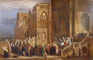 En prosesjon av pilgrimer utenfor St Mary Redcliffe, ca. 1825-30 (olje på panel) av Edward Villiers Rippingille