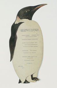 Meny i form på en keiserpingvin, for Midvinterdagsmiddagen, Cape Evans, 22. juni 1912 (penn og gouache på kort) av Edward W. Nelson