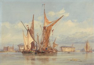 Bombesikkert batteri nær Gillingham, på Medway... av Edward William Cooke