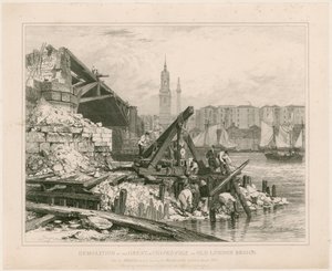 Riving av en del av Old London Bridge. mars 1832 av Edward William Cooke
