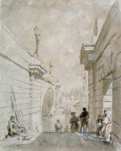 London Bridge ser nordover fra den øvre trappeavsatsen nær Tooley Street, 1833 av Edward William Cooke