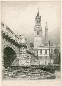 En del av Old London Bridge, St Magnus og monumentet av Edward William Cooke
