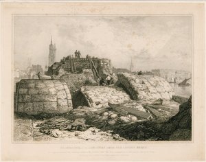 En del av Old London Bridge slik den så ut i juni 1832 av Edward William Cooke