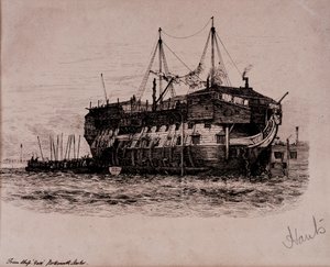 Fangeskipet «York» i Portsmouth havn av Edward William Cooke
