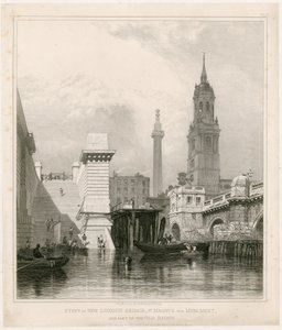 Steps of New London Bridge, St Magnus, monumentet og en del av Old Bridge av Edward William Cooke