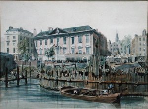 Utsikt over en tømmerkiste som omslutter påledrivere og taljer for London Bridge av Edward William Cooke