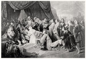 The Surrender of Calais, 4. august 1347, gravert av John Young av Edward after Bird