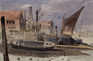 Battersea, elvebredden med båter av Edward attr. to Bragg