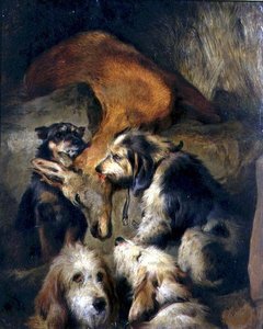En hjorts død (olje om bord) av Edwin (attr. to) Landseer
