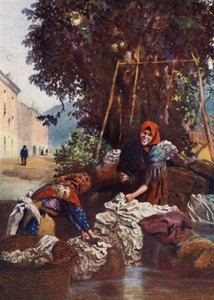 Korsika: Kvinne vasker lin (farge litho)