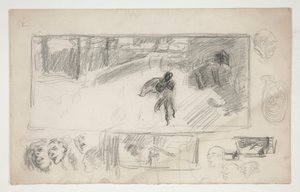 Assorterte skisser (recto); Skisse av en mann i en kappe (verso) av Edwin Austin Abbey