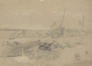 Strandscene med dory av Edwin Austin Abbey