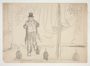Tegneserie av en skuespiller på scenen(?) - uidentifisert illustrasjon av Edwin Austin Abbey