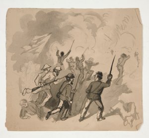 Borgerkrigskampscene (recto); Uidentifisert illustrasjon av mann i en skog (verso) av Edwin Austin Abbey