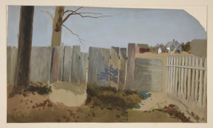Landlig scene: gjerde, åker, gårdshus i avstand av Edwin Austin Abbey