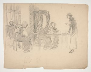 Tidlig studie for Stony Ground 1884, interiør med figurer av Edwin Austin Abbey