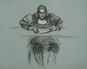 Figur for rettssaken mot dronning Katherine. kontorist ved pulten av Edwin Austin Abbey