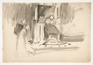 Figur på tronen, flankert av to figurer, skisse for et uidentifisert Shakespeare-skuespill av Edwin Austin Abbey