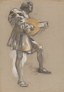 Figur med mandolin i middelalderdrakt. av Edwin Austin Abbey