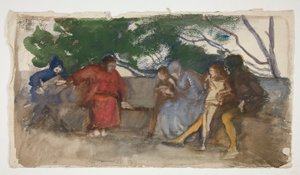 Figurer som sitter langs en utendørs benk av Edwin Austin Abbey