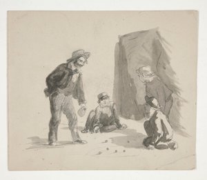 Fire gutter som spiller klinkekuler (recto); Uidentifisert illustrasjon av gutt ved staffeli i interiøret (verso) av Edwin Austin Abbey