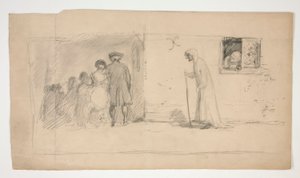 Gruppe av figurer utenfor steinhus - uidentifisert illustrasjon av Edwin Austin Abbey