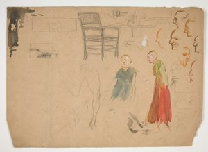Hode- og figurstudier, og studie av en stol (recto); Skisser for bokillustrasjoner (verso) av Edwin Austin Abbey