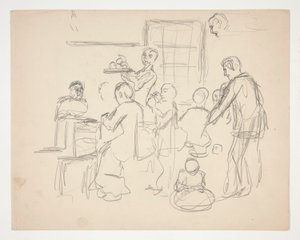 Interiør restaurantscene(?) - uidentifisert illustrasjon av Edwin Austin Abbey