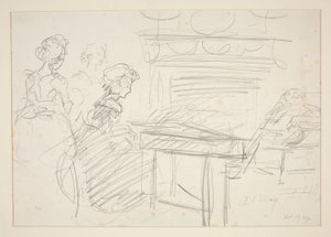 Interiørscene: kvinne ved piano og familie - uidentifisert illustrasjon av Edwin Austin Abbey