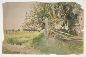 Landskap med trær og ødelagt gjerde av Edwin Austin Abbey