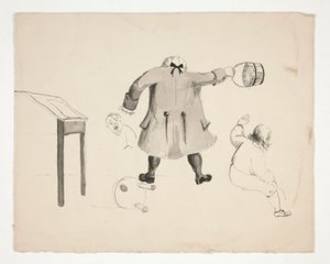Mann svingende bøtte på to gutter (recto); To menn bak en vegg (verso) av Edwin Austin Abbey