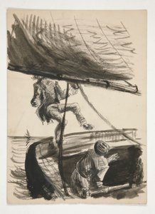 Mann blir slått over bord av bom fra seilbåt (recto); Uidentifisert illustrasjon av en skinnende mann av Edwin Austin Abbey