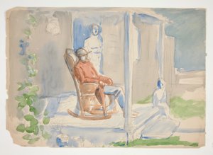 Mann i gyngestol på verandaen med sin kone og barn - uidentifisert illustrasjon av Edwin Austin Abbey