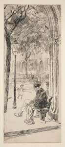 Mann på parkbenk - uidentifisert illustrasjon av Edwin Austin Abbey