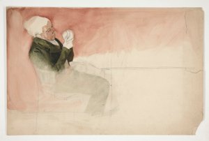 Mann som sitter og undersøker innsiden av en bolle - (uidentifisert illustrasjon) av Edwin Austin Abbey