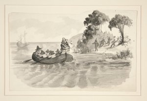 Menn i robåt som flykter fra indianere på land - uidentifisert illustrasjon (Columbus oppdager den nye verdenen?) - oppdagelsesreisende som lander i den nye verdenen av Edwin Austin Abbey