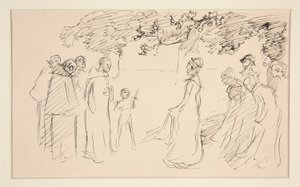 Folk i middelalderdrakt, utenfor - uidentifisert illustrasjon av Edwin Austin Abbey