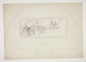 Planlegg for installasjon av et av The Quest of the Holy Grail-veggmalerier på Boston Public Library av Edwin Austin Abbey