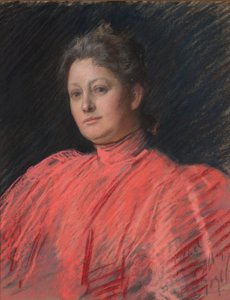Portrett av Mrs. Abbey i rosa kjole, midjelengde av Edwin Austin Abbey