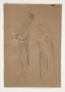 Profilstudier av mann og gammel kvinne (recto); Tre skisser av hoder og uidentifisert skisse (verso) av Edwin Austin Abbey