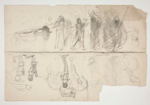 Ark med skisser for veggmaleriserien The Quest of the Holy Grail ved Boston Public Library (recto); Uidentifisert skisse (verso) av Edwin Austin Abbey