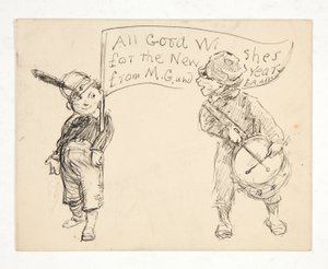 Skisse til et gratulasjonskort: Alle gode ønsker for det nye året fra M.G. og E.A. Abbey av Edwin Austin Abbey