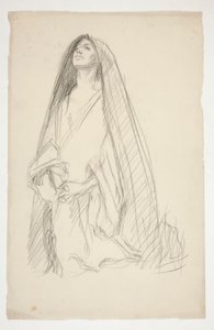 Skisse av en tiltrukket kvinneskikkelse i bønn for Three Marys at the Cross av Edwin Austin Abbey