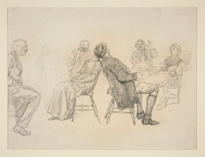Skisse av et par som spiller et spill, omgitt av tilskuere, i et interiør (?) - uidentifisert illustrasjon av Edwin Austin Abbey